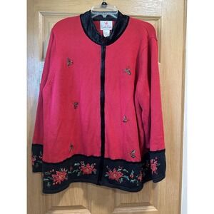 Quaker Factory Red Poinsettia Christmas Holiday Zippered Cardigan Size 2X